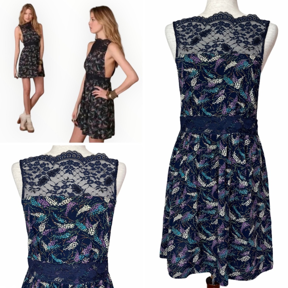Free People Lace Yoke Navy Floral Dress